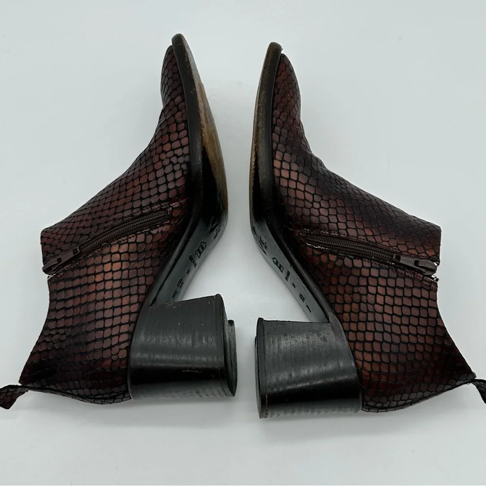 VS Dark Brown Leather Snakeskin Print Square Toe Block Heel Booties